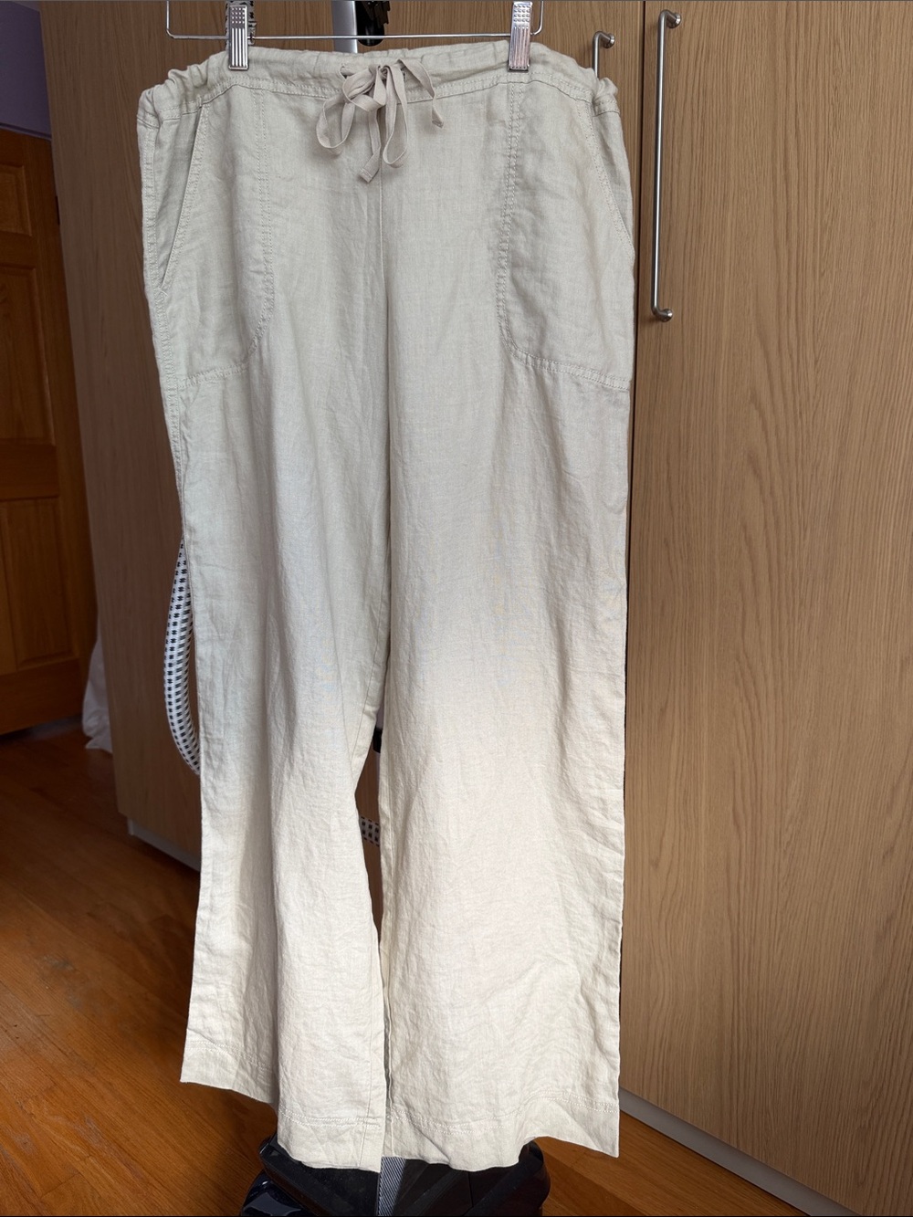 Max Studio 100 % Linen Cream Drawstring  Wide Leg Pants Inseam 32